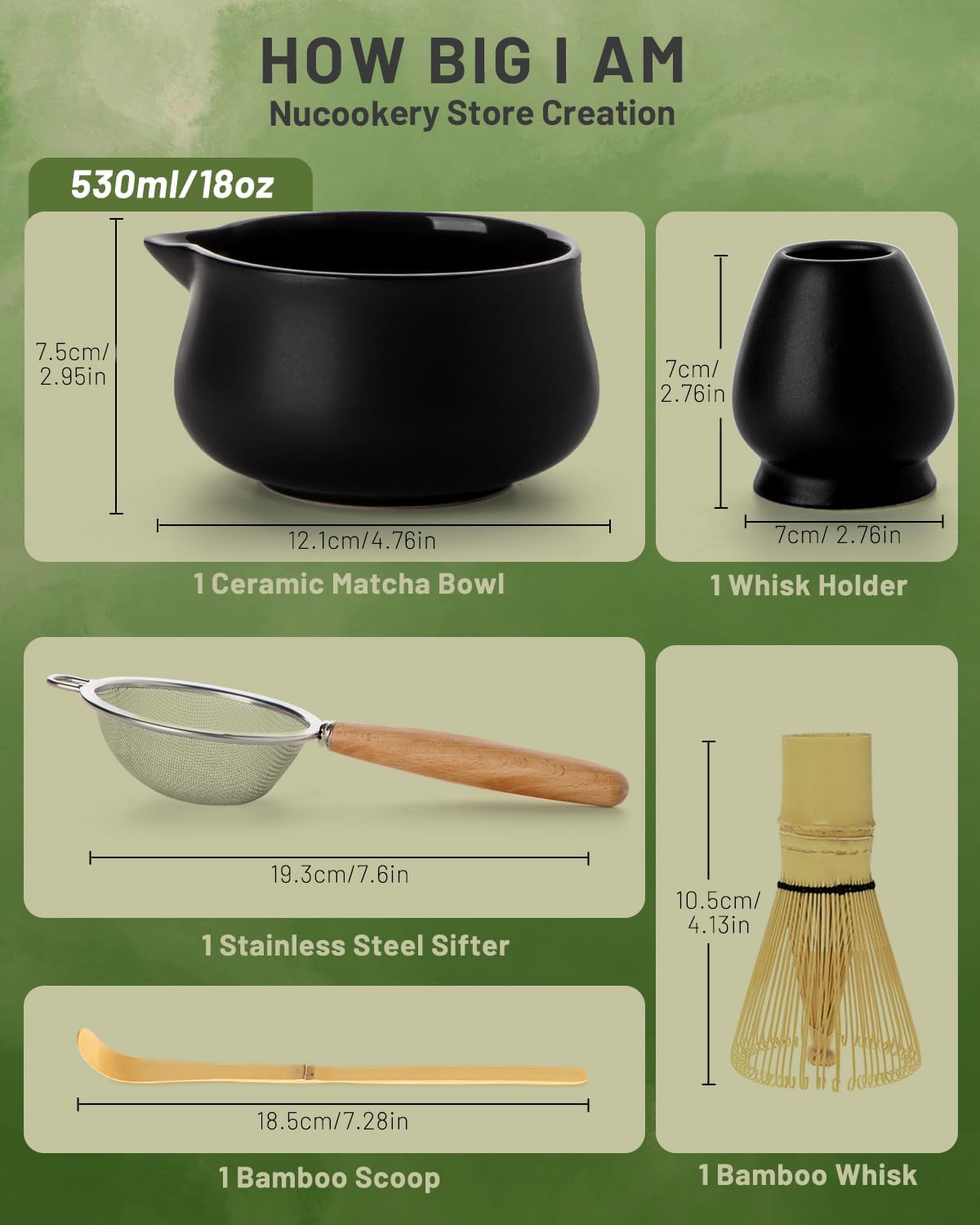 Nucookery Matcha Set - 5PCS Matcha Whisk Set, 18OZ Matcha Bowl (Chawan) with Spout, Matcha Whisk (Chasen) and Holder, Bamboo Matcha Scoop and Sifter, Matcha Kit/Tools/Accessories for Tea Ceremony