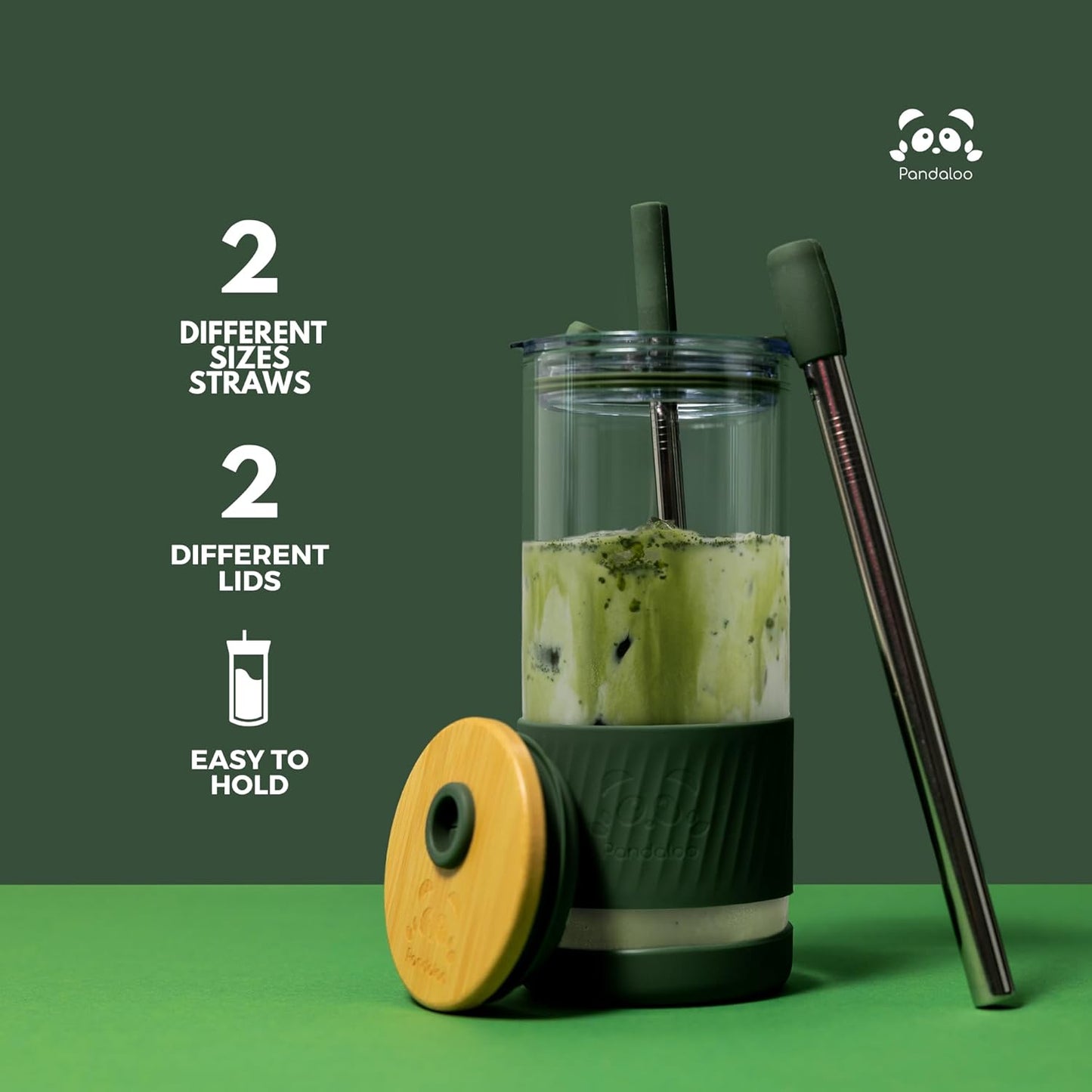 Pandaloo® Glass Cups With Lids and Straws -20 Fl Oz- Perfect Size Iced Coffee Cup - Smoothie Cup With Bamboo Lid and On the go Lid (Sunny Lime, 1 Count (Pack of 1)
