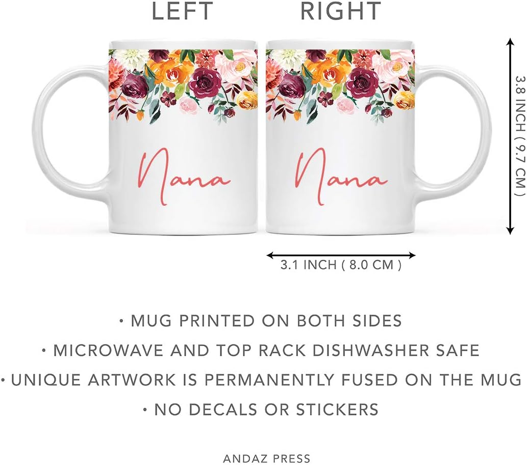 Andaz Press 11oz. Mother's Day Ceramic Coffee Tea Mug Gift, Fall Autumn Burgundy Orange Peach Flowers Roses Florals, Nana, 1-Pack