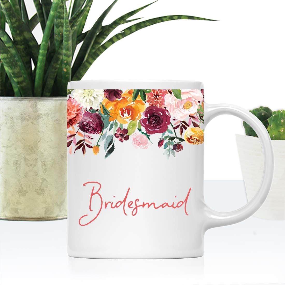 Andaz Press 11oz. Wedding Ceramic Coffee Tea Mug Gift, Fall Autumn Burgundy Orange Peach Flowers Roses Florals, Bridesmaid, 1-Pack, Includes Gift Box