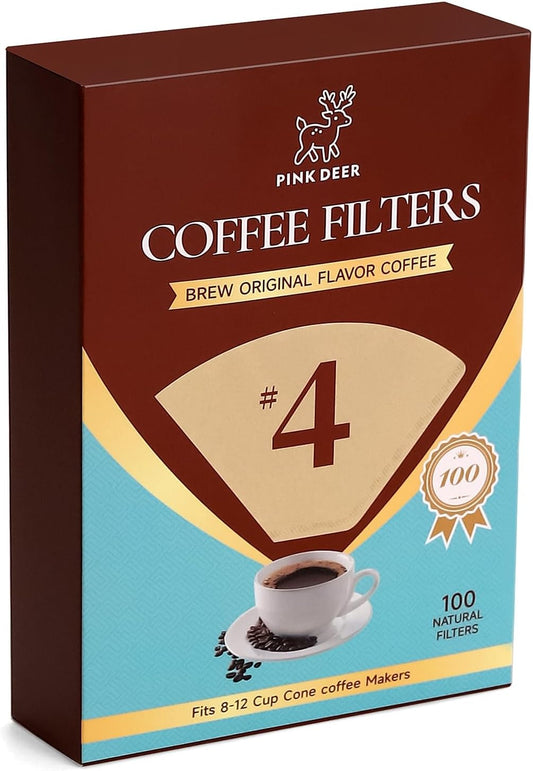100 Count #4 Cone Coffee Filters 8-12 Cup, Natural Unbleached Paper, for Pour Over and Drip Coffee Maker