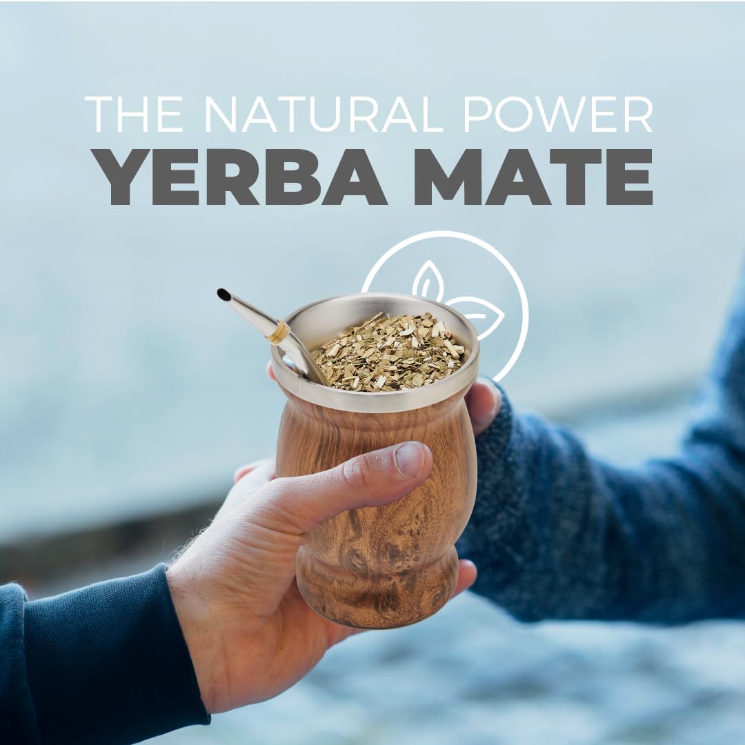 BALIBETOV Stainless Steel Double-Wall Mate Cup And Bombilla Set - Yerba Mate set Includes One Yerba Mate Cup, 2 Bombillas Mate (Straw) & Brush - Easy to Clean (Wood)
