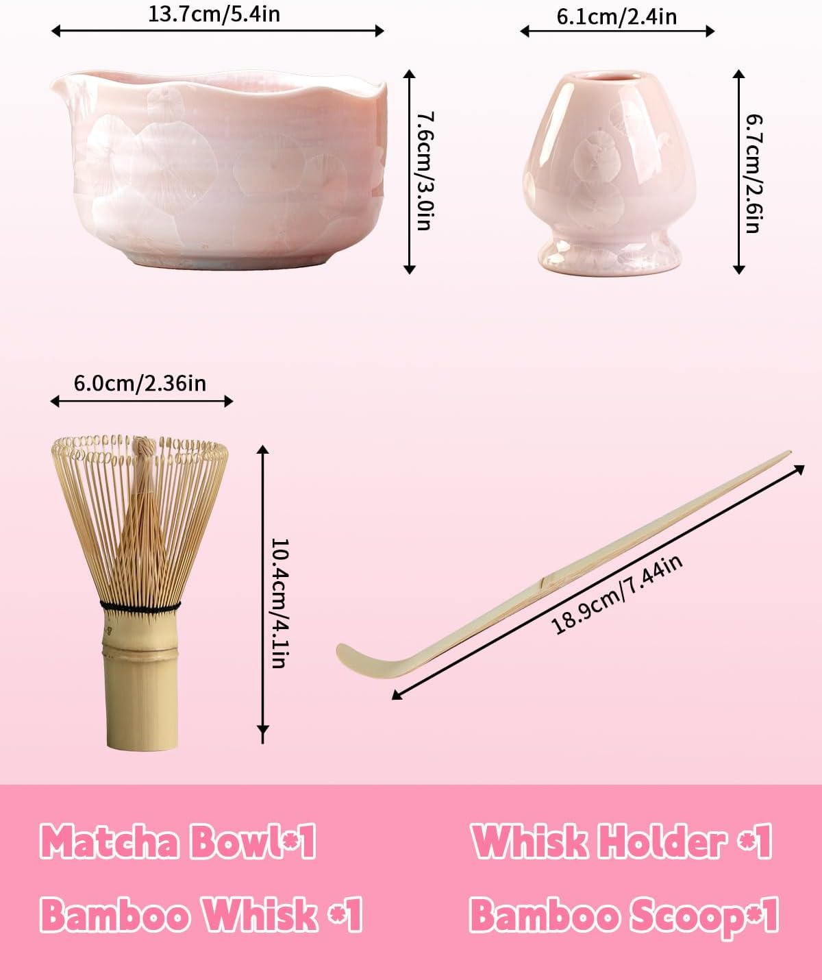 Natural Crystal Flower Matcha Set - 4 Pcs Food Grade Matcha Kit with Spouted Bowl, Matcha Whisk, Scoop and Chasen Holder - Matcha Tea Ceremony Gift for Matcha Lovers (Sakura Whisper)