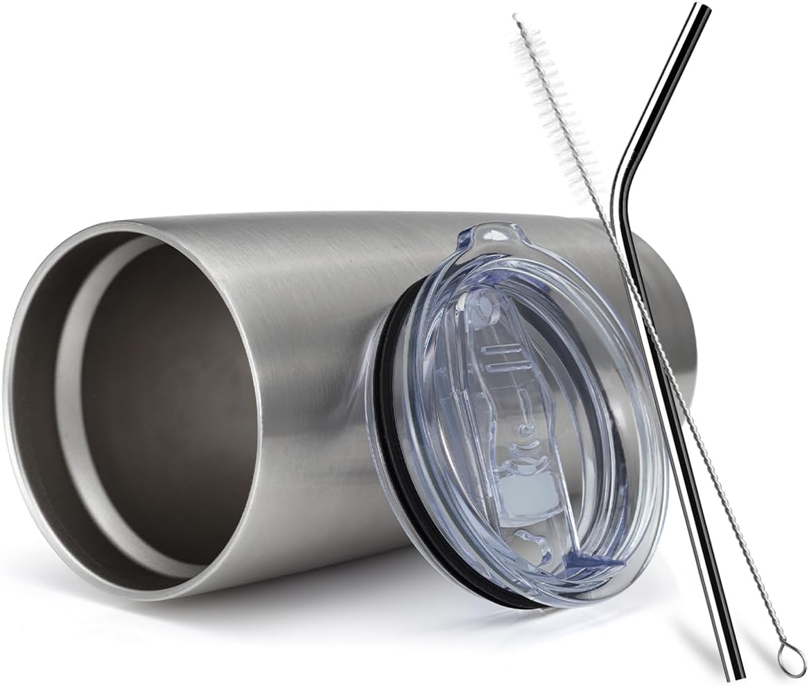 COMOOO 20oz Stainless Steel Tumbler Bulk Double Wall Vacuum Coffee Cup Insulated Travel Mug with Lid and Straw Durable Powder Coated Insulated Coffee Cup for Cold & Hot Drinks (silver, 4 pack