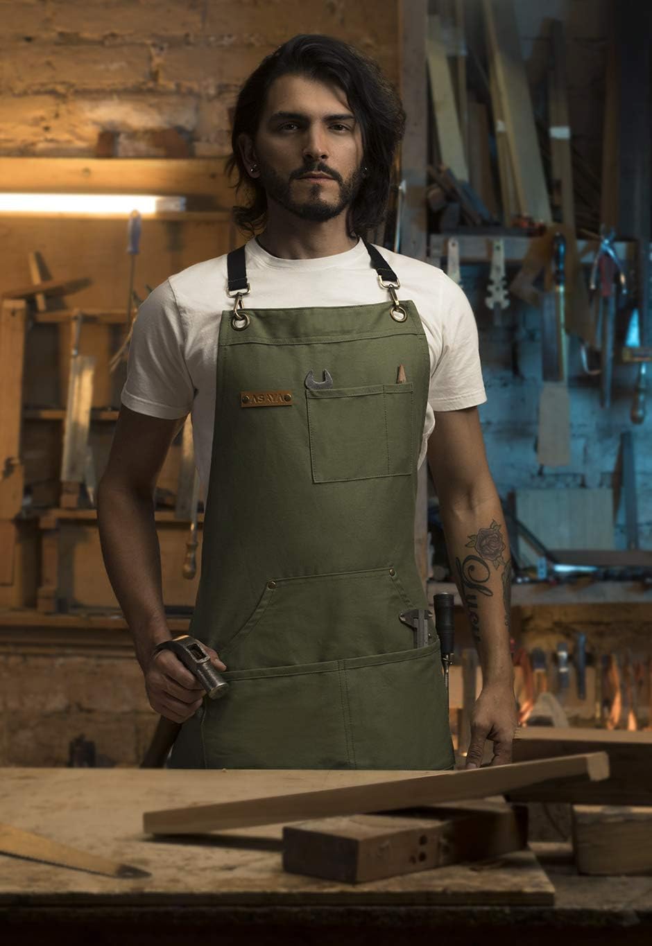 Asaya Chef and BBQ Apron with Bottle Opener and Hand Towel - 10oz Cotton Canvas, Stainless Steel Hardware - Cross Back Straps