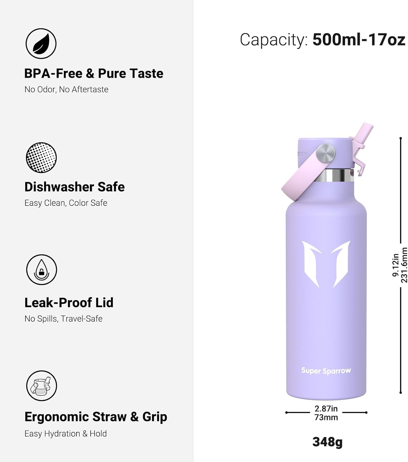 Super Sparrow Insulated Water Bottle - 17 Oz / 25 Oz / 32 Oz - Standard Mouth FlipFlow Flask - BPA Free, Leak Proof Drink Bottle- Ergonomic Straw Water Bottles for Work, Gym, Travel, Sports