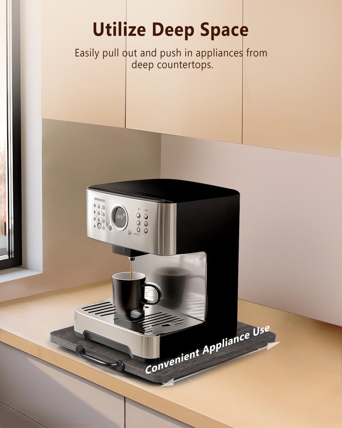 Appliance Slider, Sliding Tray for Coffee Maker, Coffee Pot Slider for Countertop, Kitchen Appliance Rolling Tray with Rubber Wheels,Large - Long, Deep Gray (12.5” x 16”)