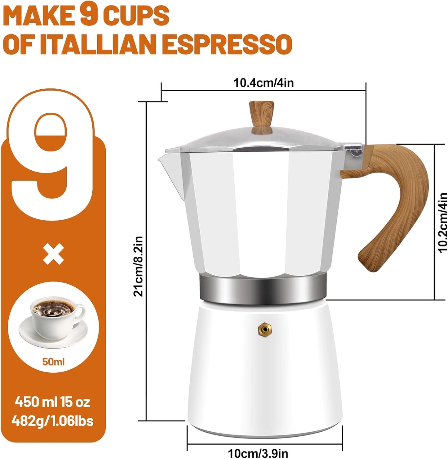 9 Cup Aluminum Espresso Stovetop Moka Pot Express Coffee Maker Percolator Italian Classic Mocha Coffee Machine for Italian and Cuban Cafe Brewing for Home & Camping 450ml 15oz