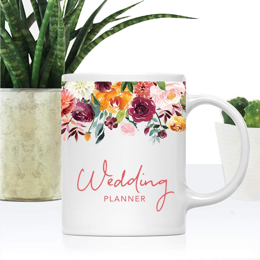 Andaz Press 11oz. Wedding Ceramic Coffee Tea Mug Gift, Fall Autumn Burgundy Orange Peach Flowers Roses Florals, Wedding Planner, 1-Pack, Includes Gift Box