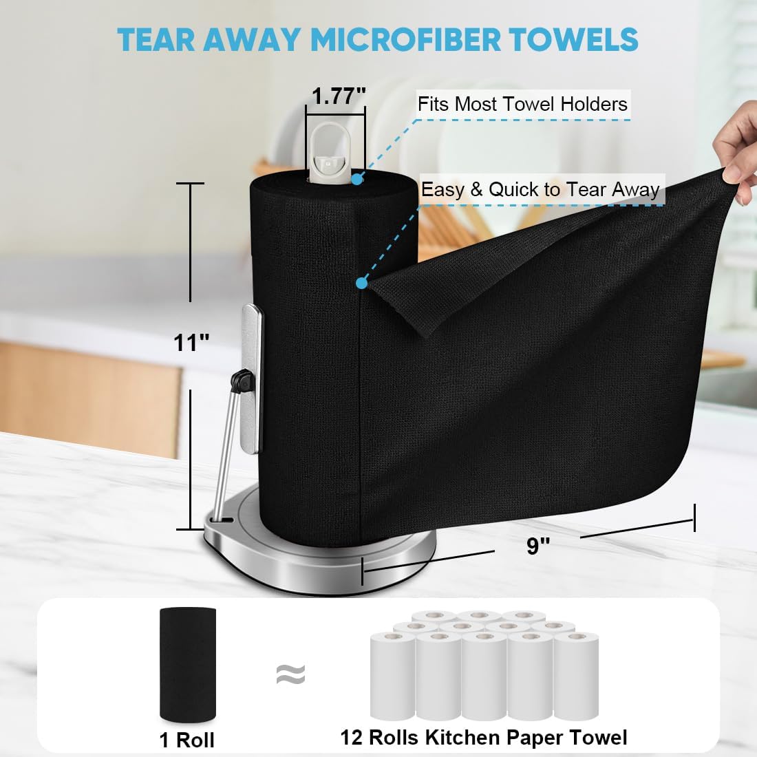 AIDEA Microfiber Cleaning Cloth Roll 55 Sheets, Black Microfiber Towels for Cars, Shop Rags Washable, Cleaning Rags Reusable Paper Towels for Automotive, Workshops, House, Cleaning Supplies 11×9"