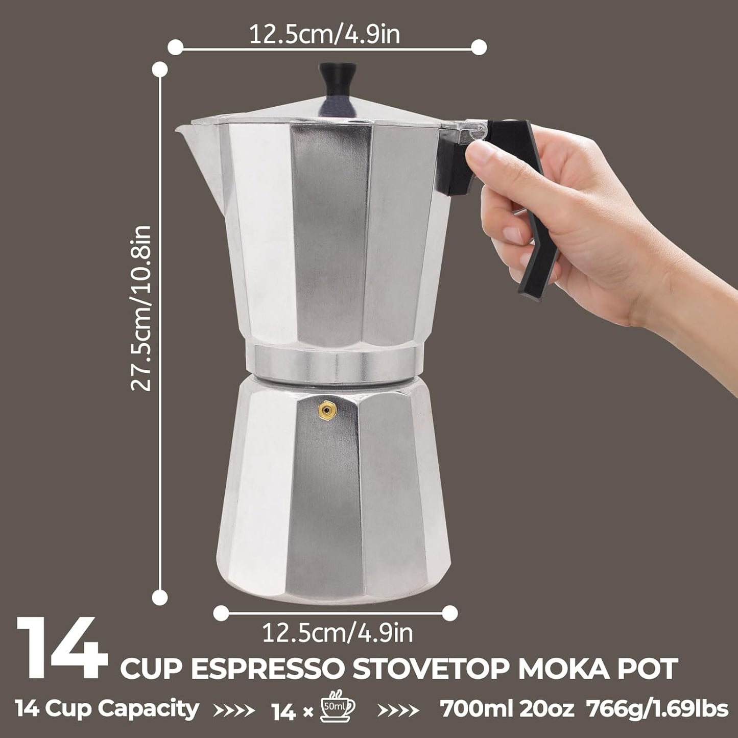 Aluminum Moka Pot Express Coffee Maker Stovetop Espresso Percolator Coffeemaker Italian Classic Style Brewing Greca Cafe Mocha Machine for Cafeteras Lover Camping Travel and Home Use (14 Cup)