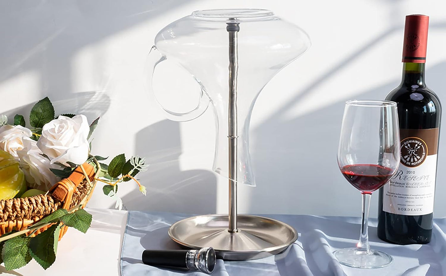 Wine Decanter Drying Stand with Silicone Head to Prevent Scratches-Detachable Shelf Decanter Rack Holder with Drip Catching Base with Wine Bottle Stopper, Decanter and Wine Glass NOT Included