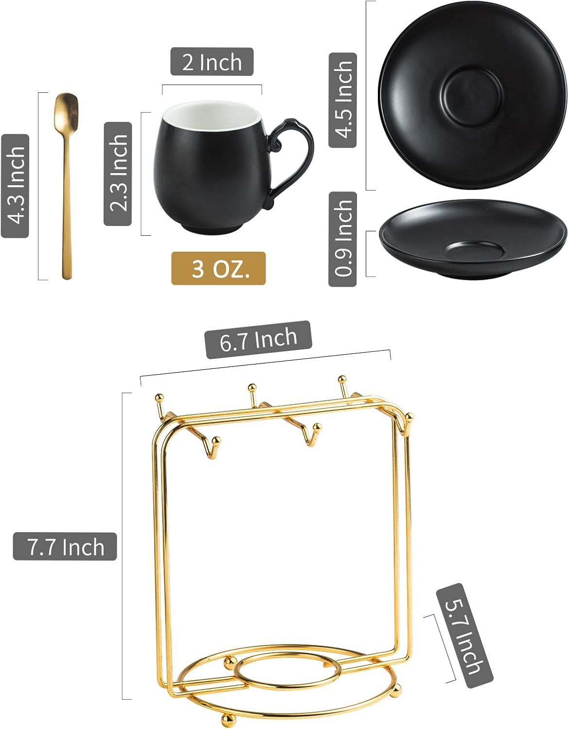 LYEOBOH Espresso Cups and Saucers Set, Ceramic Coffee Cup 3 Ounces Small Demitasse Cups Espresso Mugs with Spoons & Metal Stand for Cappuccino, Latte, Tea, Set of 6, Black