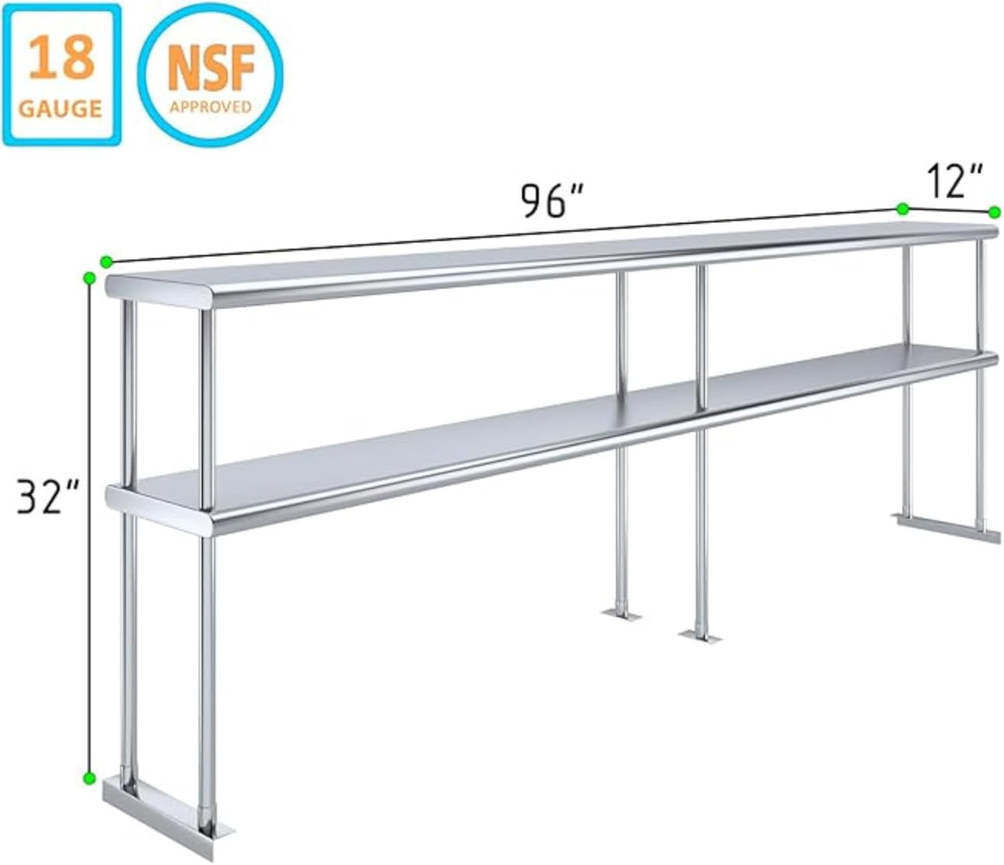 NSF Certified 18 Gauge Heavy Duty Stainless Steel Double overshelf with Brackets for Kitchens, Utility Rooms, Storage, Offices & Home (96" x 12")