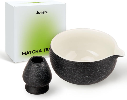 Matcha Bowl with Spout, Ceramic Matcha Bowl and Whisk Holder Set, Matcha Mixing Bowl for Whisking Matcha, Charcoal Grey (18 Ounce)