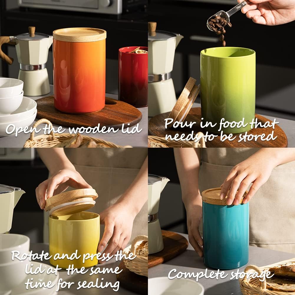 Sweejar Ceramic Food Storage Jar, Stackable Kitchen Canisters, Containers with Airtight Seal Wooden Lid for Serving Ground Coffee, Tea, Sugar, Salt and More - 28 Fl Oz (Gradient Gray)