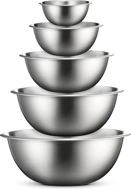 Stainless Steel Mixing Bowl Set, Nesting Bowls for Kitchen Baking, Cooking, Prepping, Kitchen Food Storage Organizers, No Lids (5 Pack)