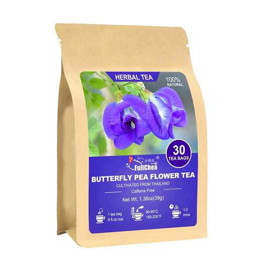 FullChea - Butterfly Pea Flower Tea Bags, 30 Teabags, 1.3g/bag - Premium Dried Butterfly Pea, Cultivated From Thailand - Non-GMO - Caffeine-free - Rich In Antioxidants & Support Eye Health