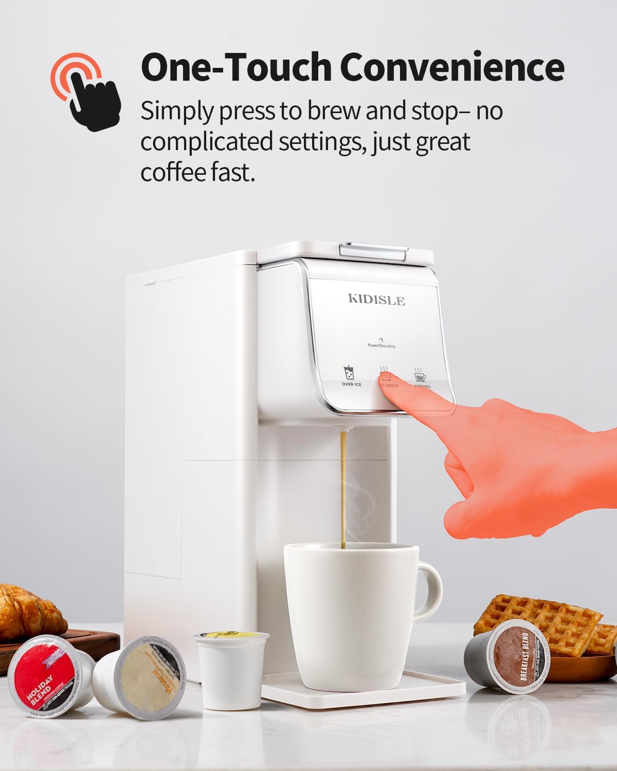 Hot & Iced Coffee Maker for K-Cups & Ground Coffee, Single-Serve Brewer with Bold Setting, Reusable Filter, Travel Mug Friendly, Compact & Quick Brew, White