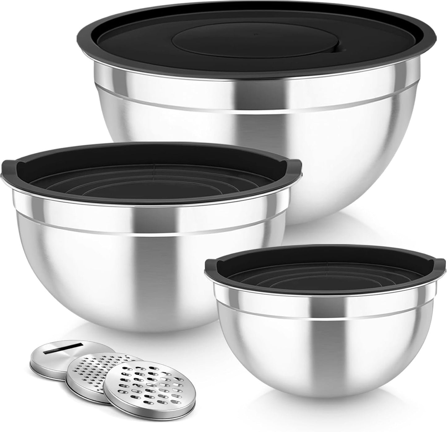 TeamFar Mixing Bowls, Stainless Steel Nesting Salad Bowls with Lids Set of 3 & 3 Grater Attachments, For Mixing/Serving/Storing, Non-toxic & Long-lasting, Size 4.6/3 / 1.5 QT, Black