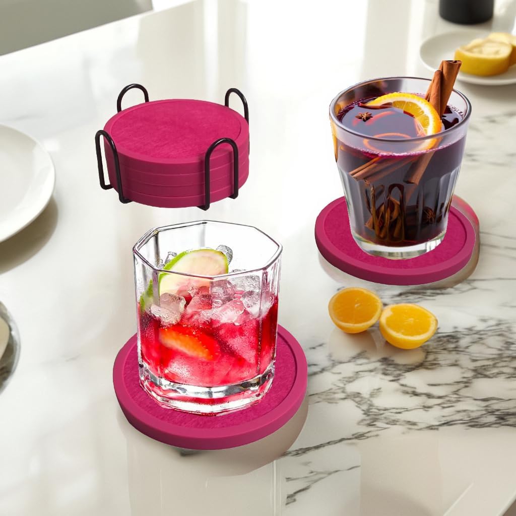 Absorbent Coasters for Drinks with Holder - 6packs, Silicone Coaster with Soft Felt Insert (4.3 inch Coasters with 4.5 inch Holder, Pink)