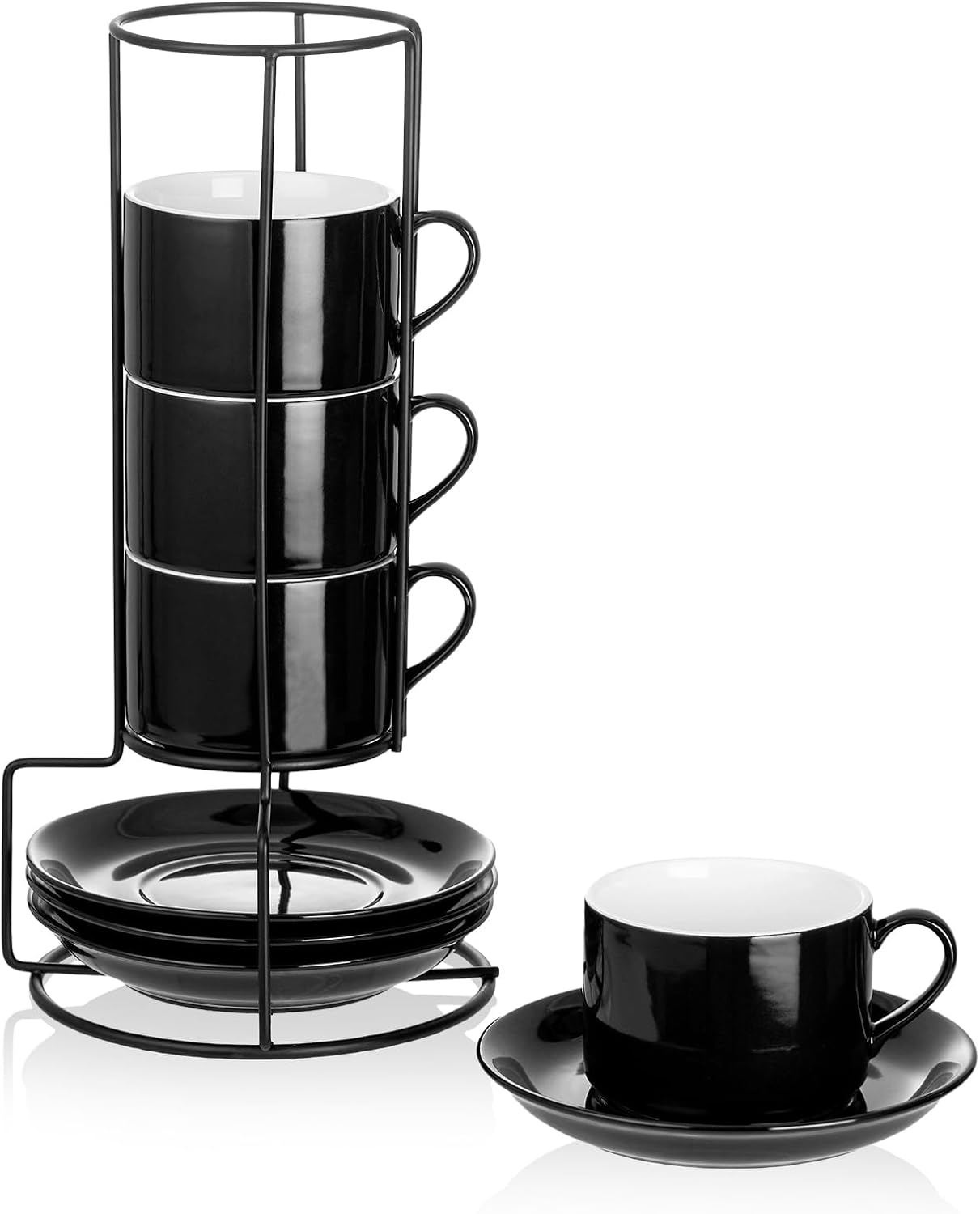 8oz Porcelain Stackable Cappuccino Cups with Saucers and Metal Stand Set of 4, Coffee Cups for Espresso, Specialty Coffee Drinks, Latte, Americano and Tea - Black