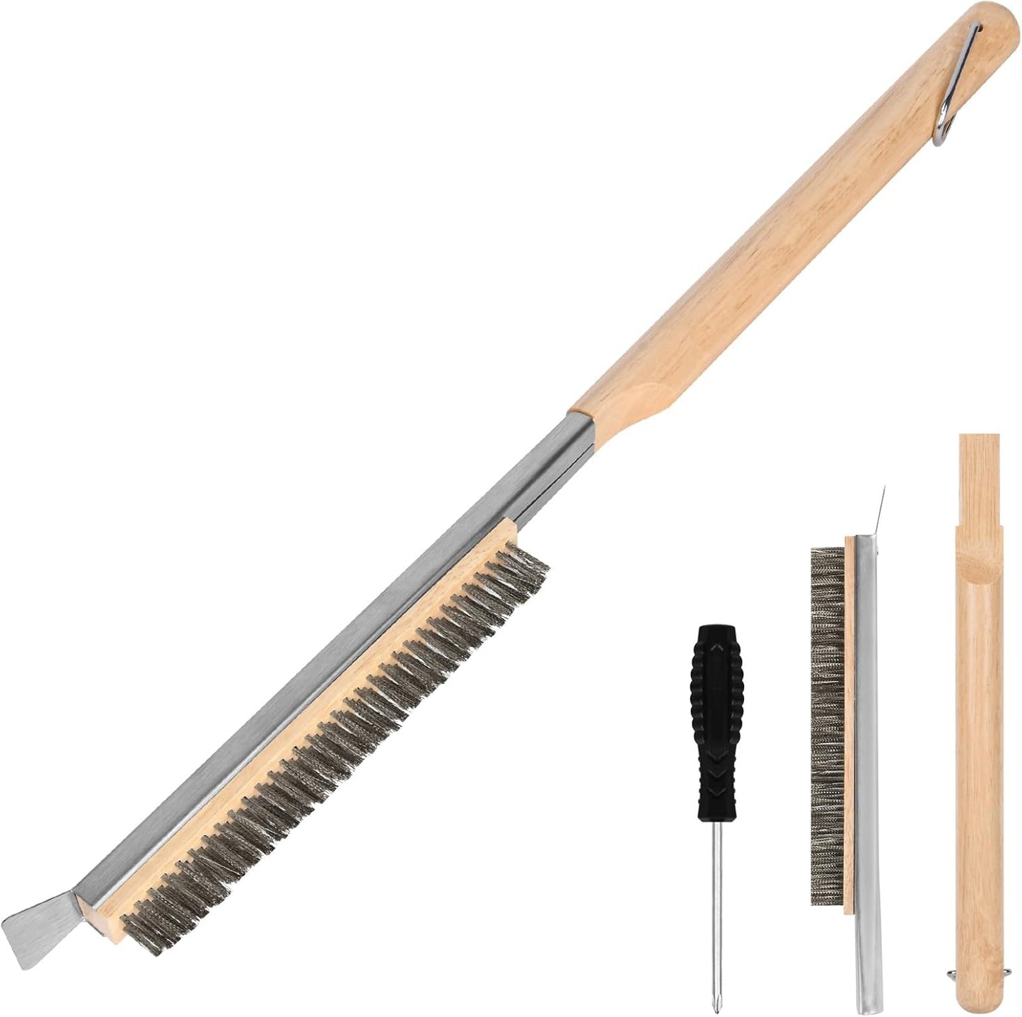 Pizza Oven Brush, 21" Brush and Stainless Steel Scraper for Pizza Stone, BBQ Grill Cleaning Brush Non Scratch Heat Proof Stainless Steel Bristles with Screwdriver for Pizza Oven and Accessories