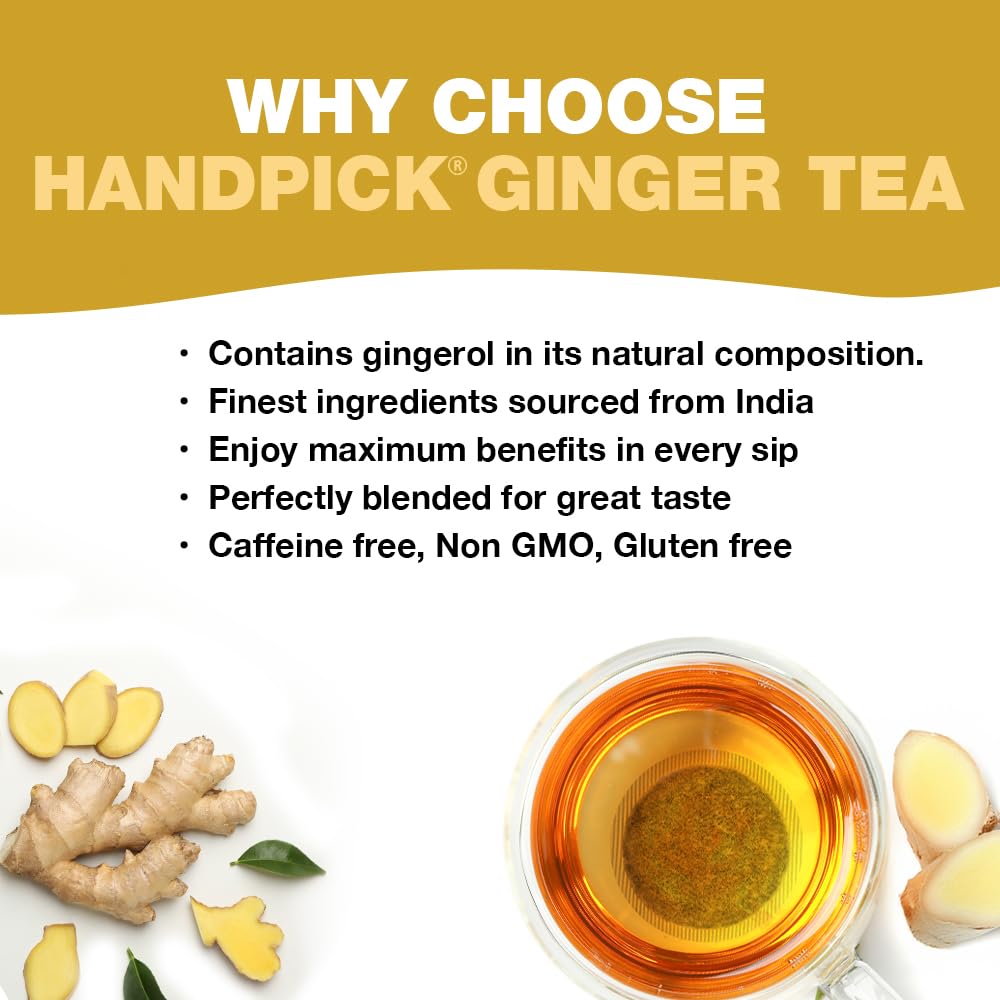 HANDPICK, Ginger Tea Bags, Caffeine Free & 100% Pure Ginger Root | Soothing & Spicy Blend | Round Eco Conscious Teabags