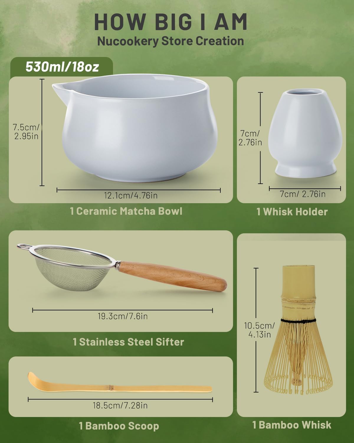 Nucookery Matcha Set - 5PCS Matcha Whisk Set, 18OZ Matcha Bowl (Chawan) with Spout, Matcha Whisk (Chasen) and Holder, Bamboo Matcha Scoop and Sifter, Matcha Kit/Tools/Accessories for Tea Ceremony