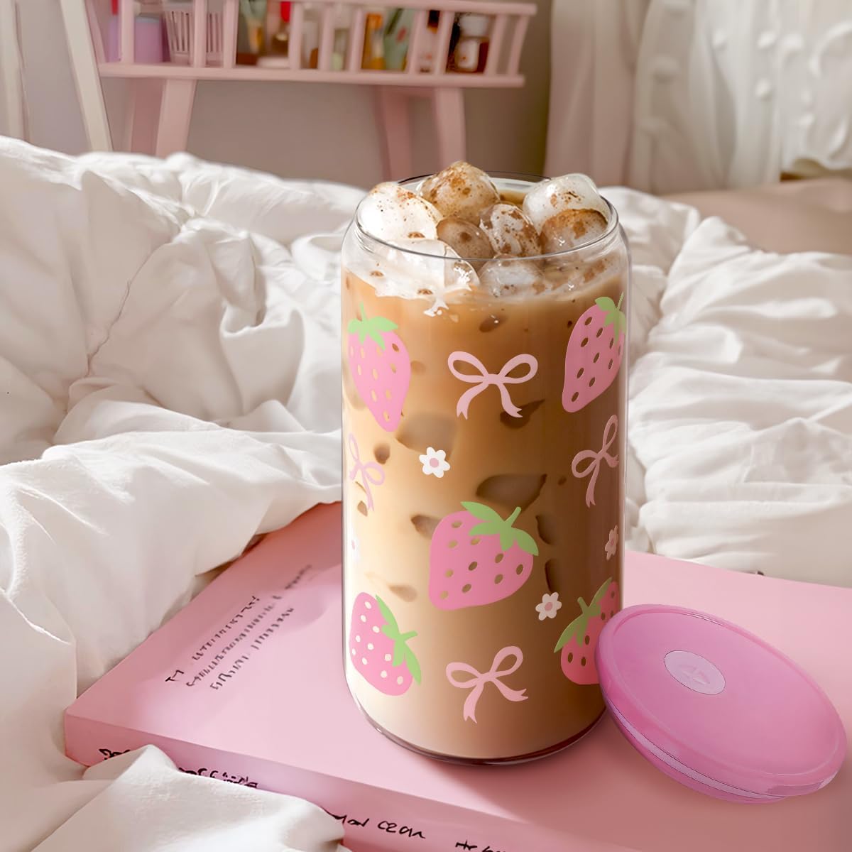 Strawberry 16 Oz Can Glass Tumbler with Acrylic Lid and Straw - Iced Coffee Cups for Women, Aesthetic Glass Cup Gift for Birthday Christmas