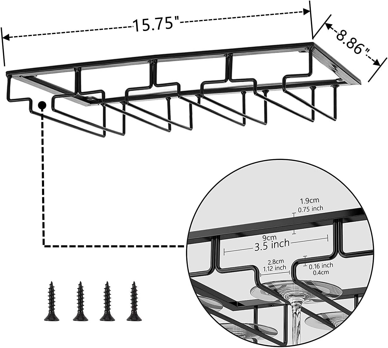 Wine Cup Holder Table Decoration Storage Hanger Metal Organizer for Bar Kitchen Stemware Rack Under Cabinet Stainless Steel Hanger Storage Shelf Black (Black, 4 Rows 1 Pack)
