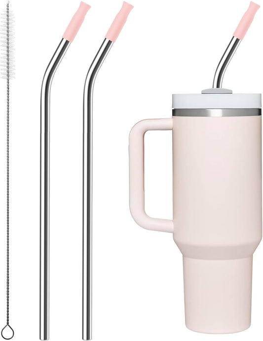 Repeatable Metal Straw with Silicone Tips for 30 oz Stanley Tumbler, 2 Pcs 30 oz Stainless Steel Straws Replacement for Stanley Tumbler, 1 Straw Brush, BPA Free（Light Pink）