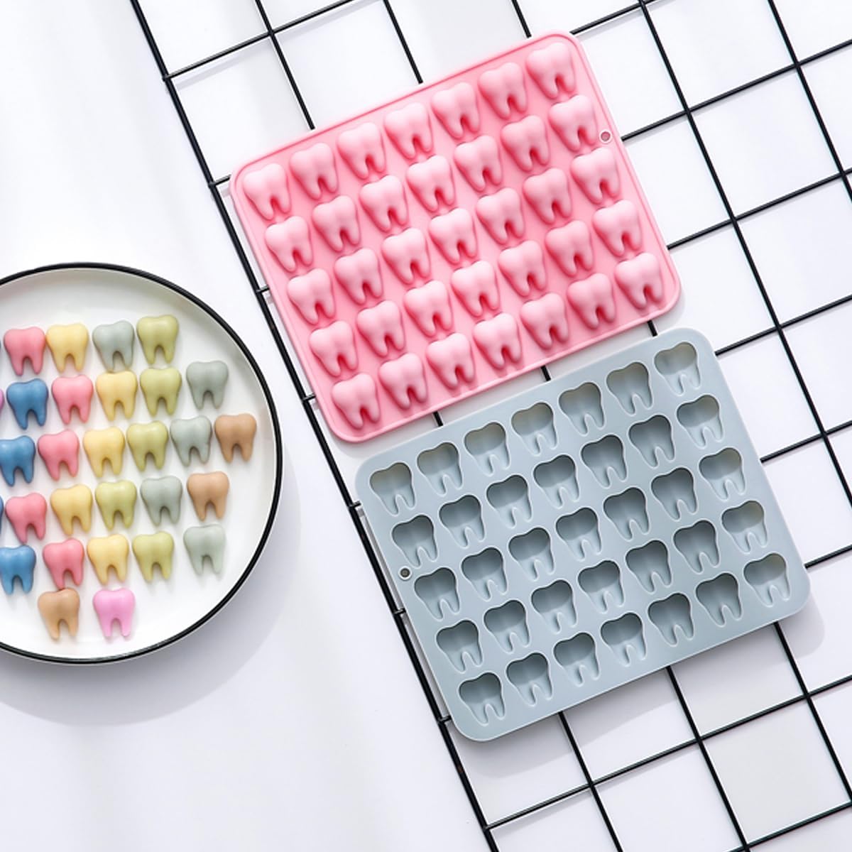 Unique Tooth Shape Candy, Chocolate Silicone Molds Set, 70 Cavity, Non Stick Mold for Gummy, Cupcake Topper, Snack, Biscuit, Handmade Diy, 2 Count, Blue