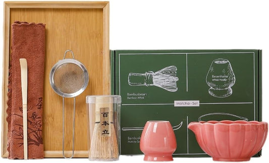 6-Piece Matcha Whisk Set, Japanese Bamboo Chasen, Scoop & Sifter, Traditional Ceremonial Kit with Ceramic Bowl, Whisk Holder Stand, Chakin Cloth (Cherry blossom pink)