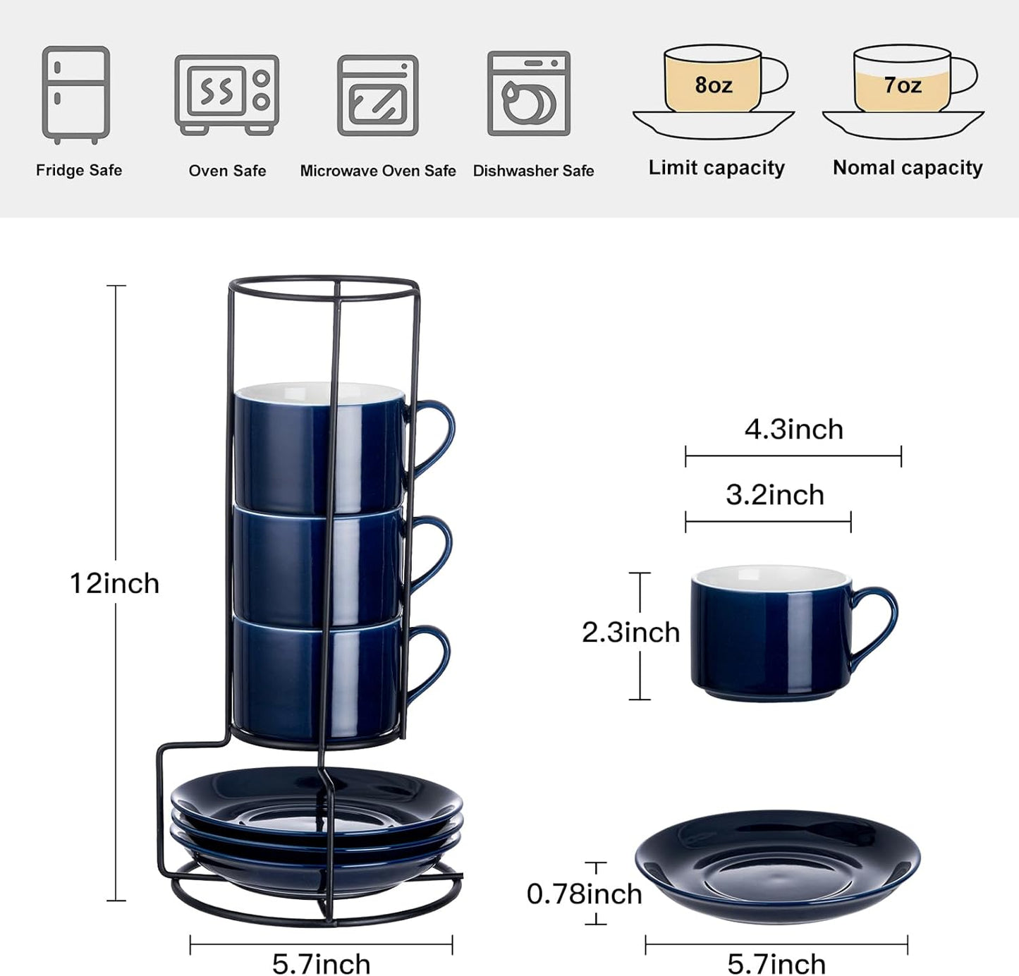 8oz Porcelain Stackable Cappuccino Cups with Saucers and Metal Stand Set of 4, Coffee Cups for Espresso, Specialty Coffee Drinks, Latte, Americano and Tea - Blue