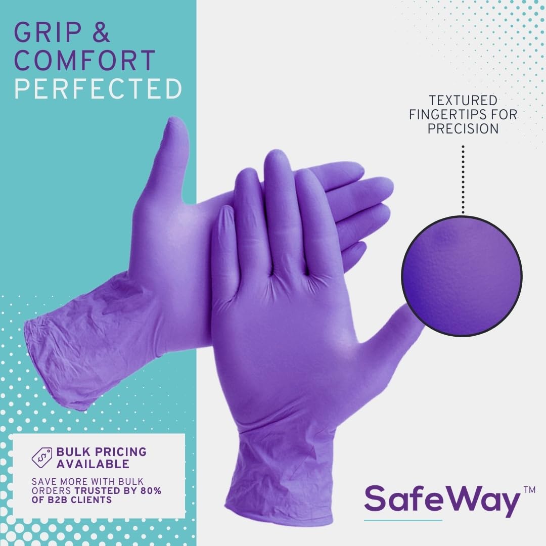 SafeWay Nitrile Gloves, 200 Ct, X-Large, Powder-Free, Latex-Free, All-Purpose, Professional Disposable Gloves with Textured Fingertips for Medical Use, Food Prep, Cleaning, Tattoo & More