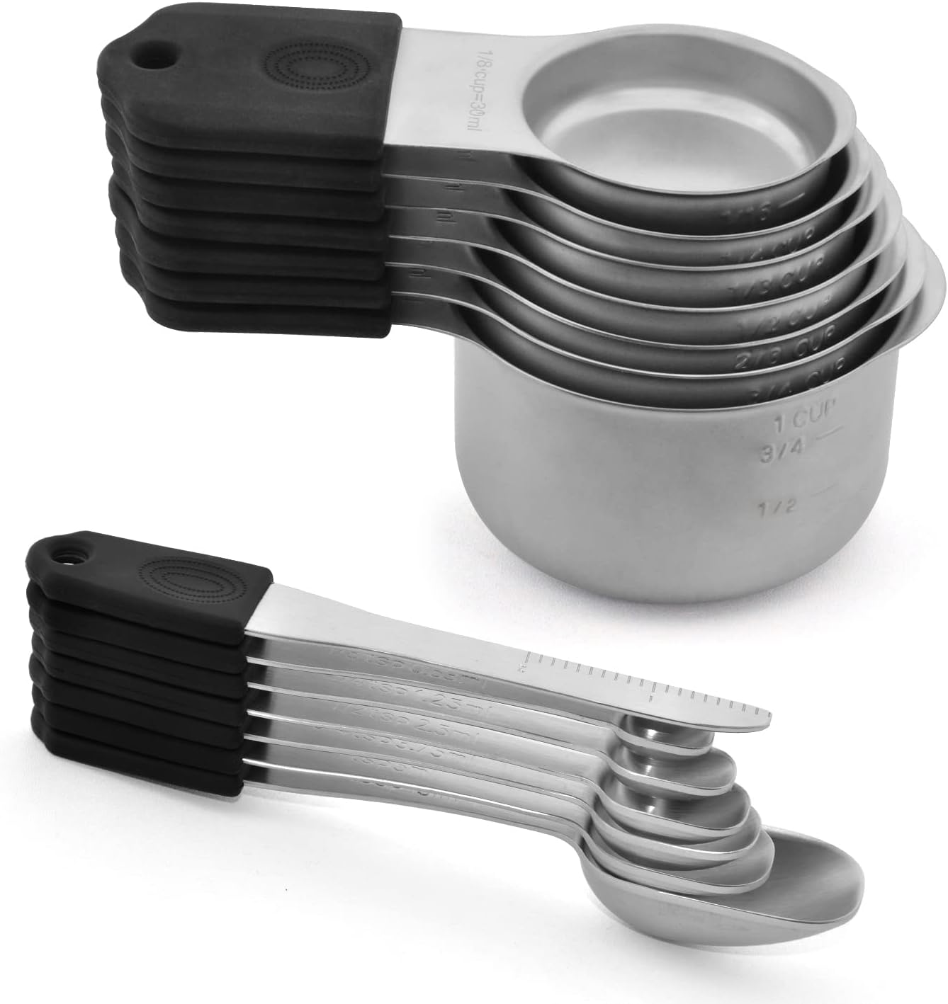 Magnetic Measuring Cups Set, 7 Pieces 18/8 Stainless Steel Stackable Nesting Heavy Duty Metal Measure Cups, Color Silicone Handle Kitchen Tools for Dry and Liquid Ingredients (14, Black)