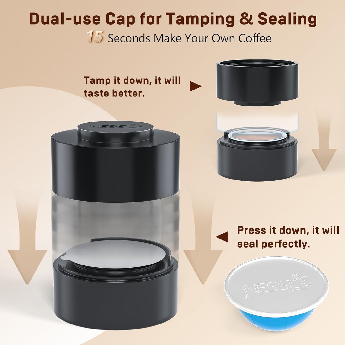 Nessus Vertuo Reusable Pods Kit, 50 Pcs [ALSeal EZ FIT] Aluminum Foil Seals for Nespresso Capsules Vertuoline, Holder and Brush, Fits for Refillable Vertuo Pods(Pods Not Included)