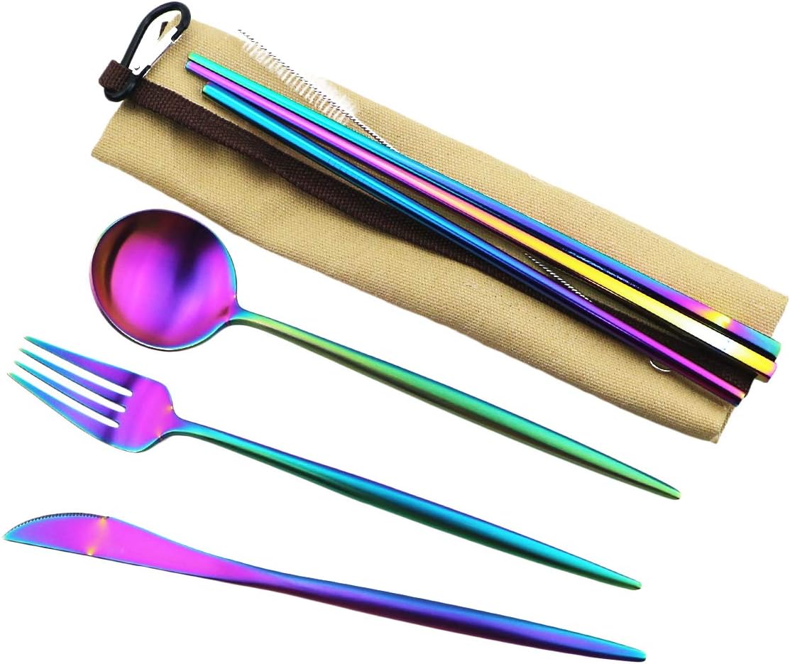Gugrida Reusable Travel Utensils, 7 Piece Portable 304 Stainless Steel including Knife Fork Spoon Chopsticks Cleaning Brush Straws Portable Pouch, Eco-friendly Camping Silverware Set, Dishwasher Safe