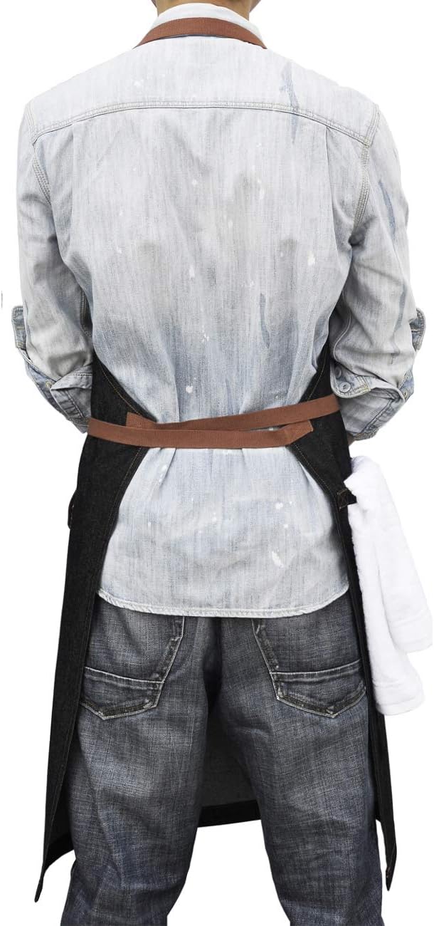Denim Chef Apron with Pockets, Mens Womens Professional Kitchen Bib Black Apron for Cooking Grill BBQ Server, with Towel Loop and Adjustable Neck Straps