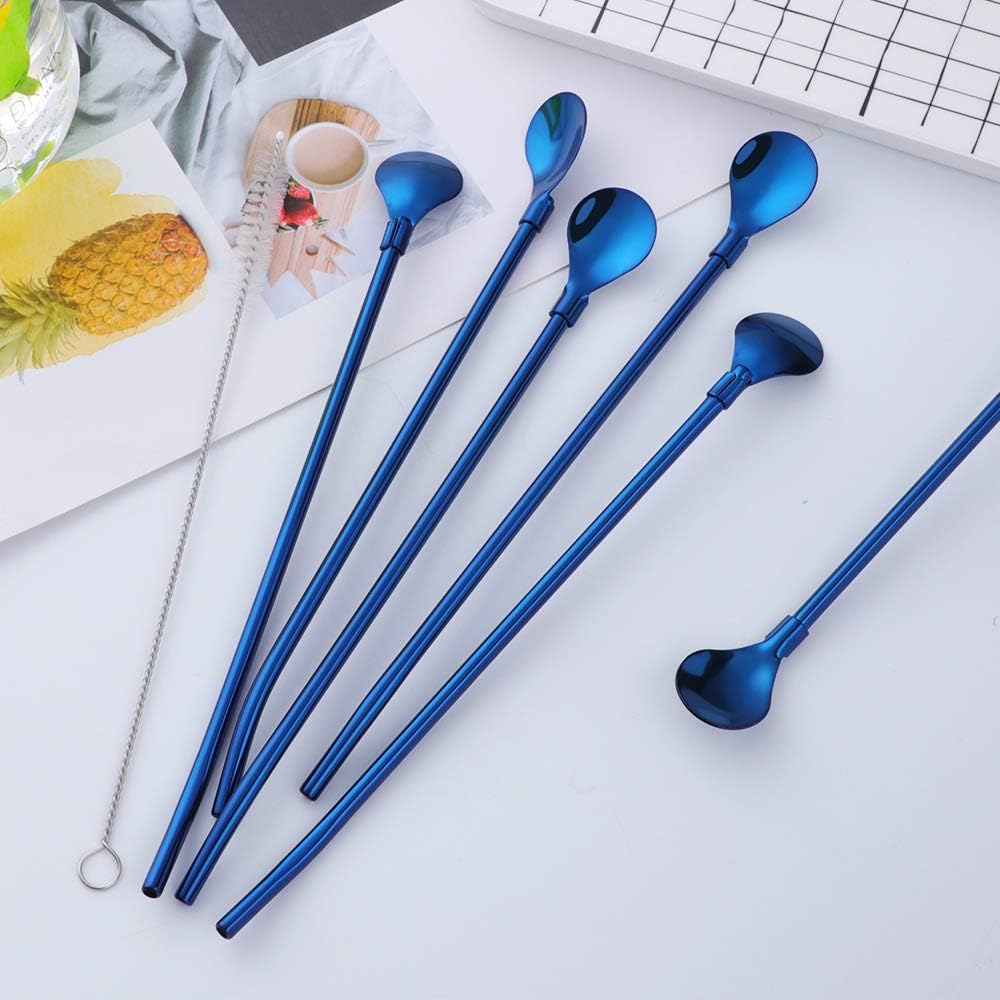 Straw Spoon, 8PCS 8.5inch Blue 18/8(304) Stainless Steel Metal Straws Reusable + 2 Brushes
