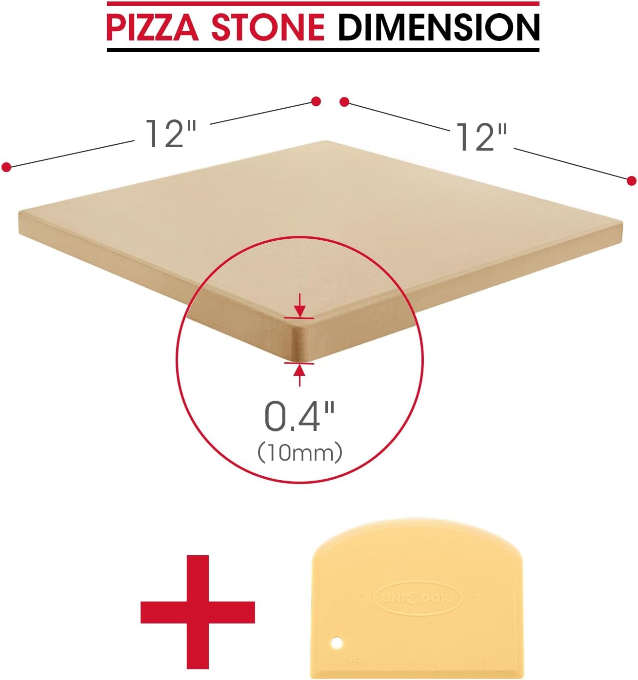 Unicook Pizza Stone for Oven and Grill, Square Baking Stone 12 Inch, Cordierite Cooking Oven Stone, Thermal Shock Resistant Pizza Pan for Pizza, Bread, Including Dough Scraper