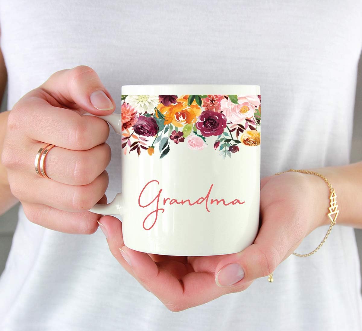 Andaz Press 11oz. Mother's Day Ceramic Coffee Tea Mug Gift, Fall Autumn Burgundy Orange Peach Flowers Roses Florals, Grandma, 1-Pack