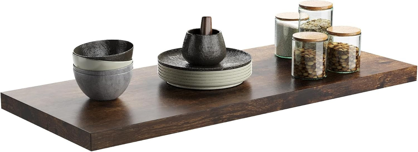 Wall Shelf Set of 1, Rustic Brown Floating Shelves 24 in W x 10 in D x 1 in H, Wooden Floating Wall Shelf with Invisible Brackets for Living Room/Bedroom/Bathroom/Kitchen Storage and Decor