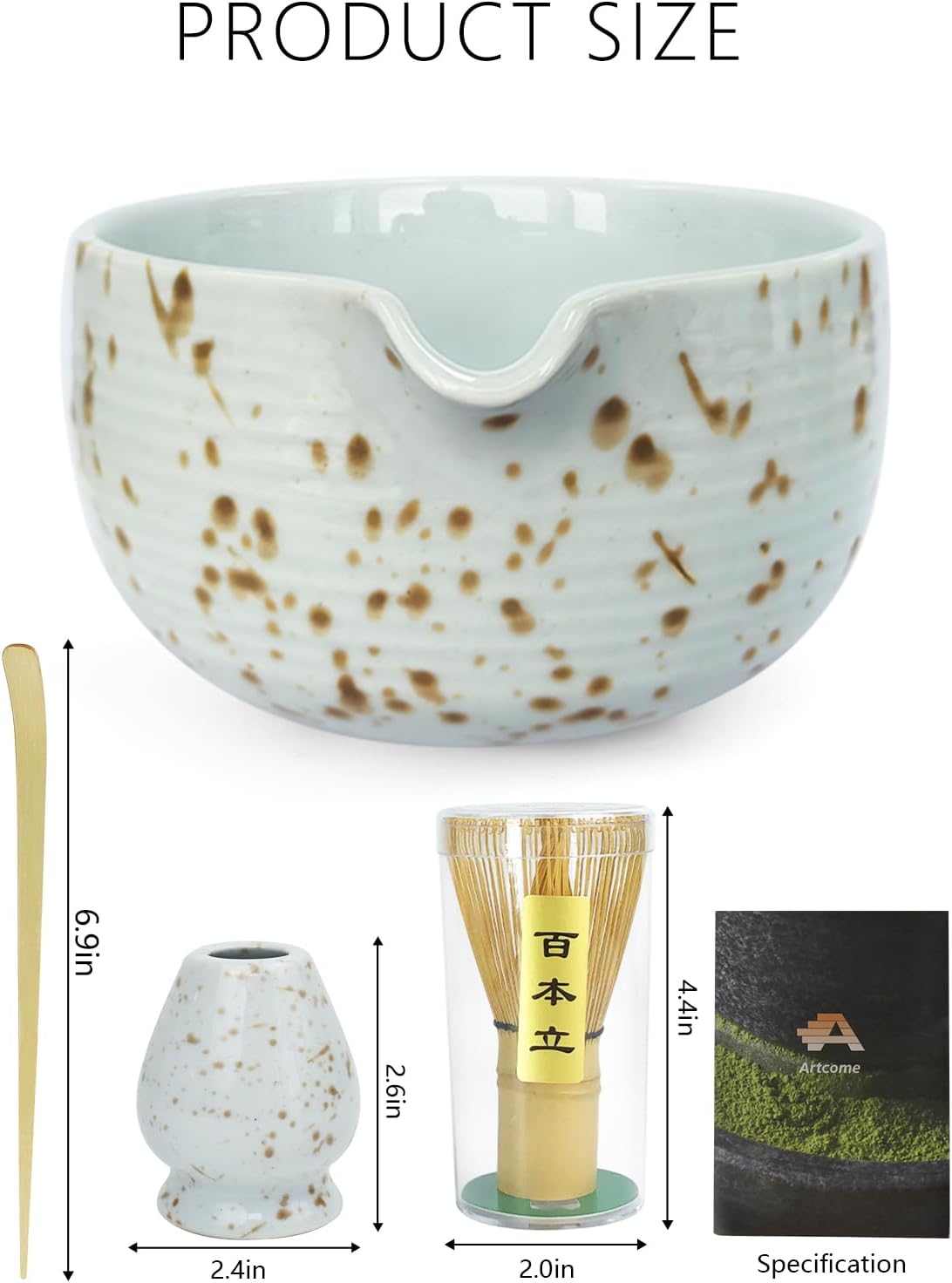 Artcome Matcha Tea Set - Ceramic Matcha Bowl with Pouring Spout, Bamboo Whisk, Whisk Holder, Tea Scoop & Matcha Manual – Complete Traditional Japanese Tea Ceremony Kit for Home, Office, or Gift, Brown