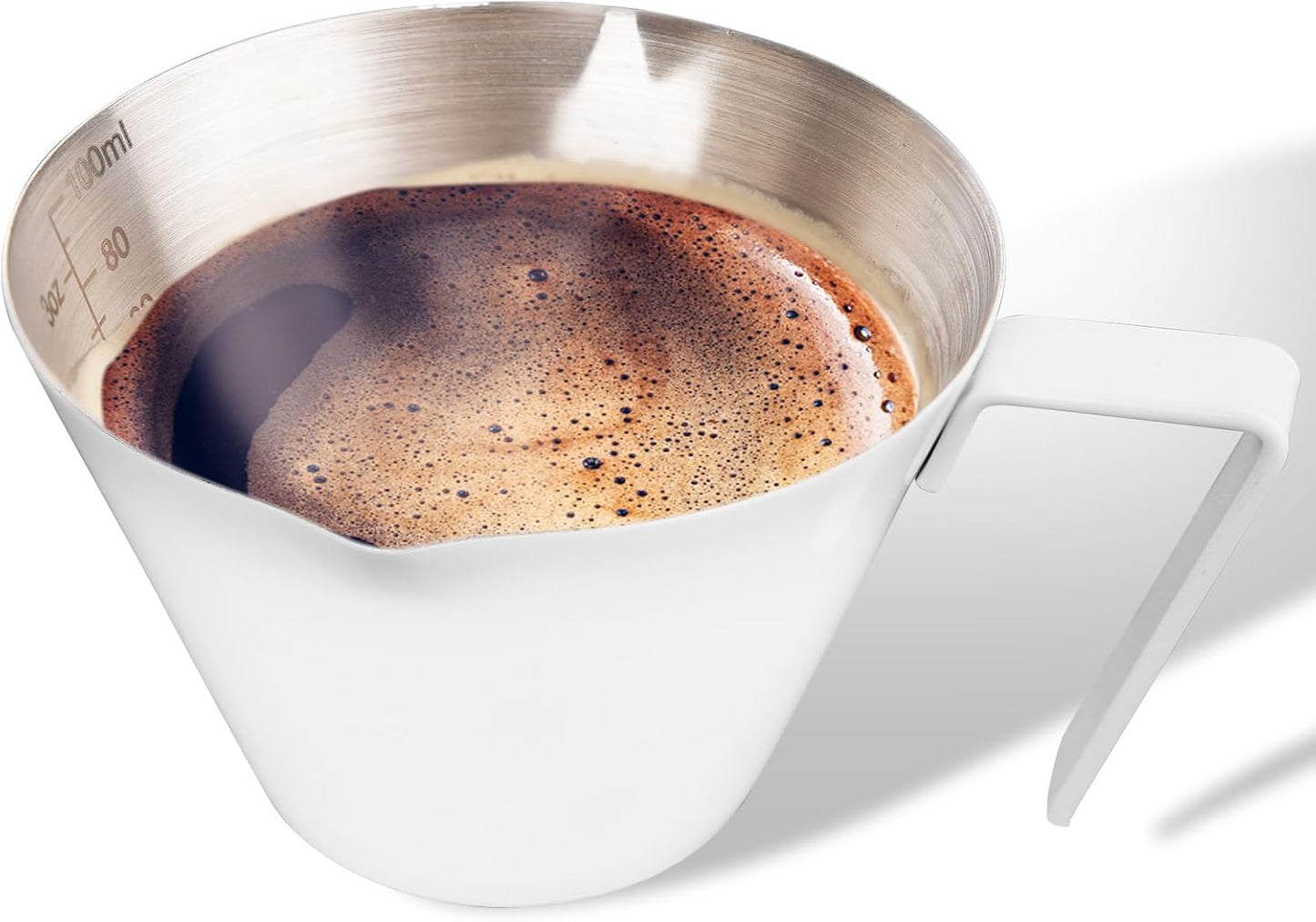 YARRAMATE Stainless Steel Espresso Shot Cup, Double Spout Metal Espresso Measuring Cup with V-Shaped Mouth, Espresso Accessories, 3.4OZ/100ML (White)