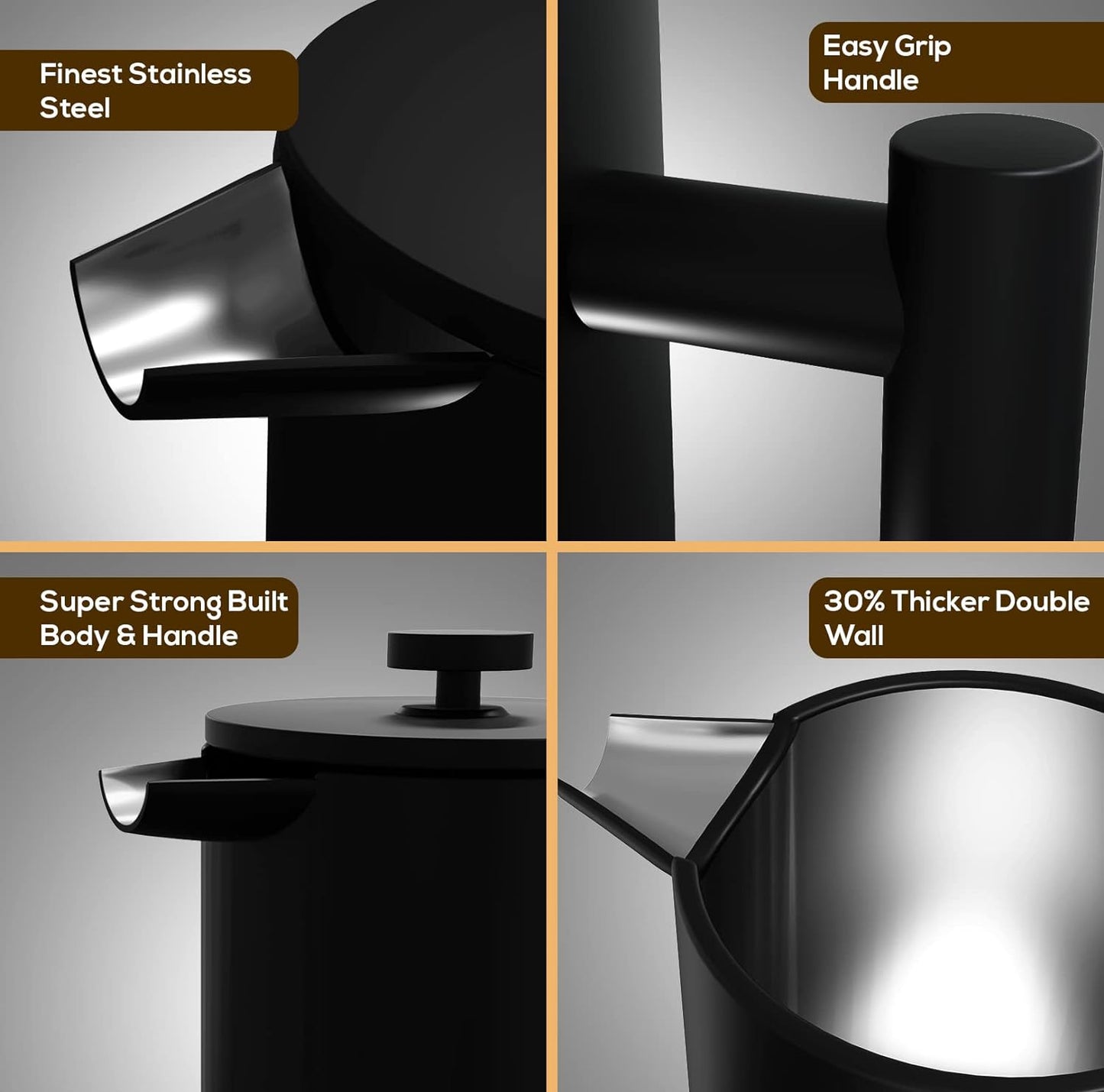 Utopia Kitchen Stainless Steel French Press Coffee Maker 34 Oz (1 Litre) with 2 Extra Filters, French Press Coffee & Tea Maker for Kitchen & Camping, Cold Brew Cafetiere, Black