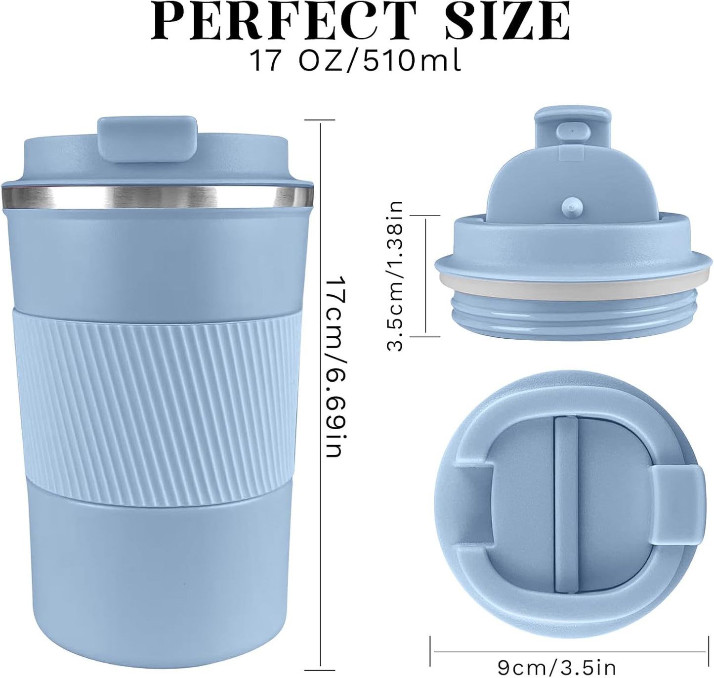 YINBAOGE Insulated Travel Coffee Mug Spill Proof Leak Proof Pobtable To Go Camping Stainless Steel Coffee Tumbler Reusable Coffee Cups with Lids Thermos for Hot and Cold Drink (Light blue, 17 OZ)