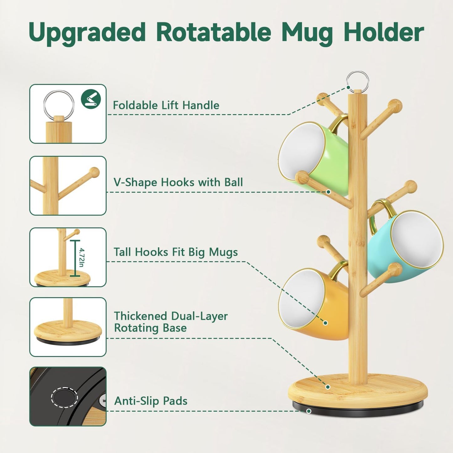 EsLuker.ly Mug Holder Tree Bamboo 360° Rotating Coffee Cup Display Rack with 6 Hooks for Home Kitchen Counter, Upgrade Wood Mug Stand Station Organizer, Building Your Dream Coffee Corner