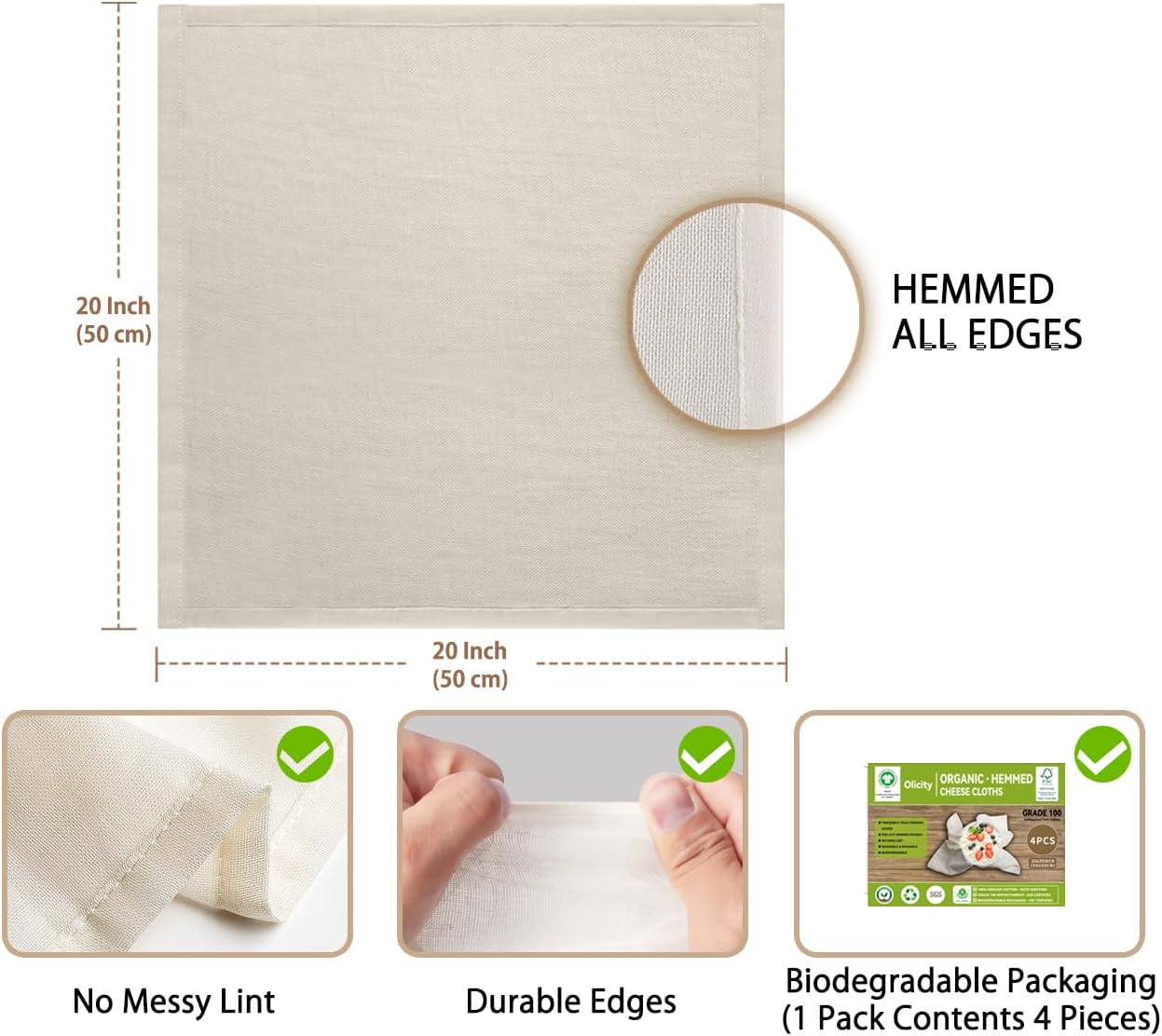 Organic Cheese Cloths, GOTS Certified, 4PCS, Grade 100,20x20Inch Hemmed Cheese Cloth Fabric Reusable Fine Mesh Cloth, 100% Cotton Unbleached Muslin Cheesecloth for Straining, Cooking, Butter,Tea,Tofu